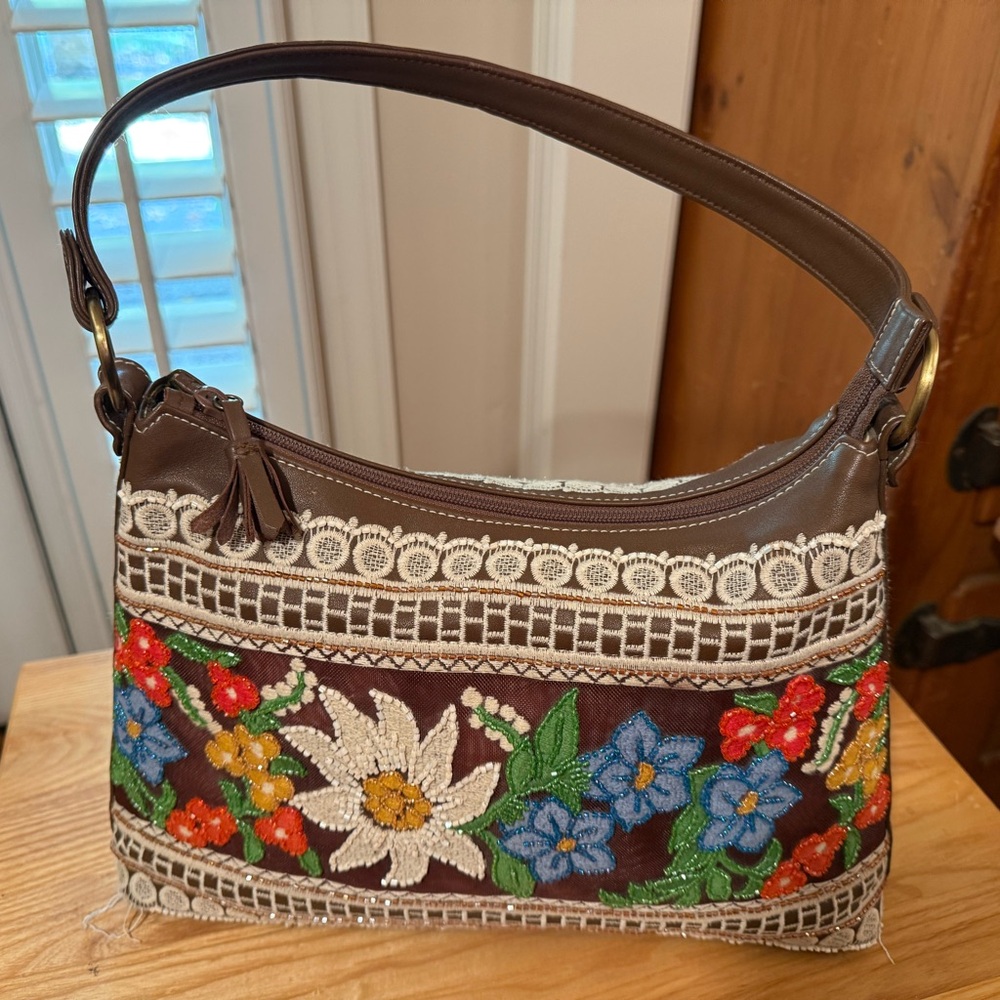 Embroidered floral w/ wallet 9.5” H 13” W 3” D7” Strap